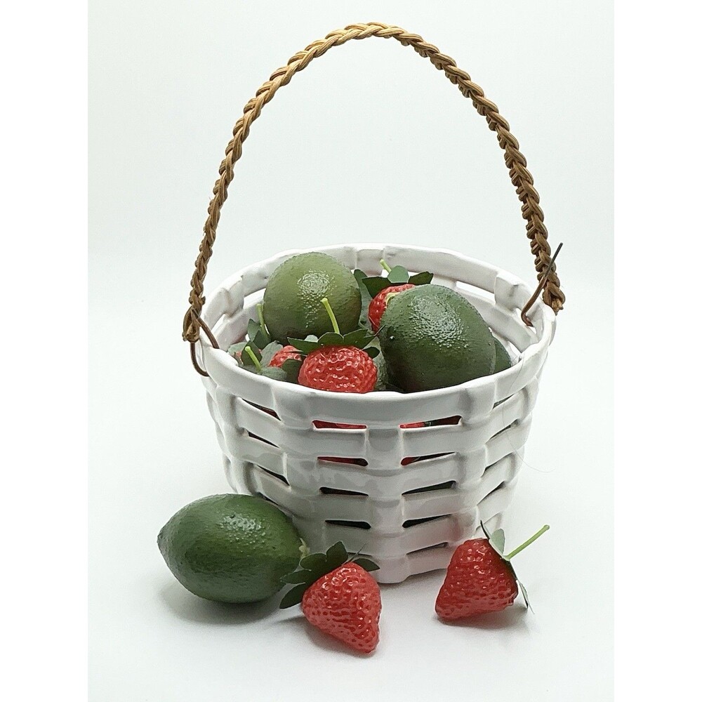 Vintage Decorative White Ceramic Round Woven Basket With Braided Ratan Handle